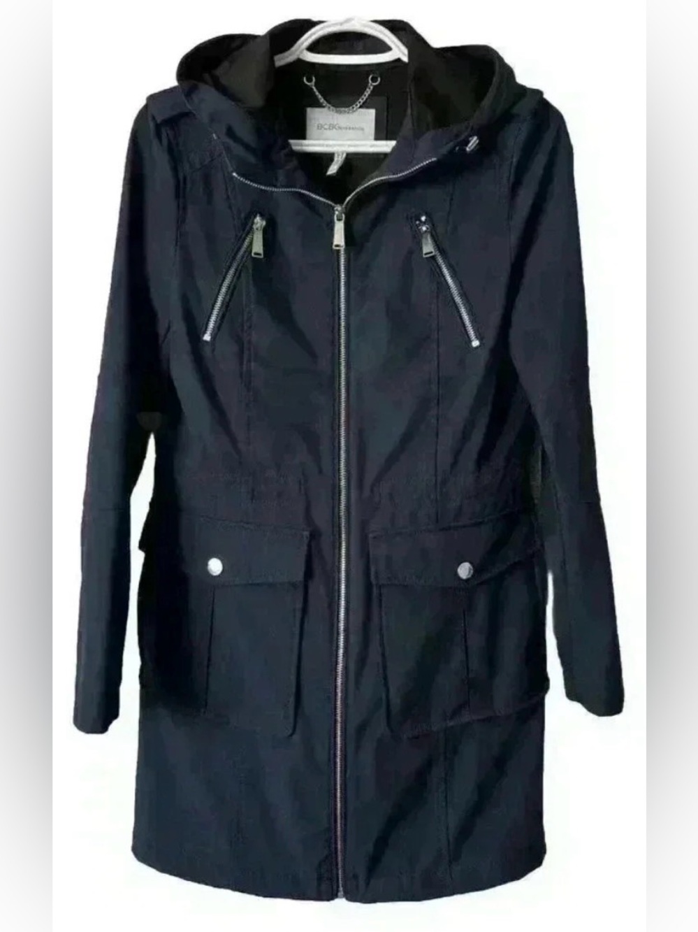 BCBG Max Azria Navy Blue Hooded Raincoat